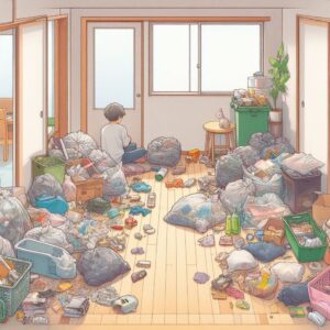 断捨離中でゴミだらけの部屋のイラスト画像